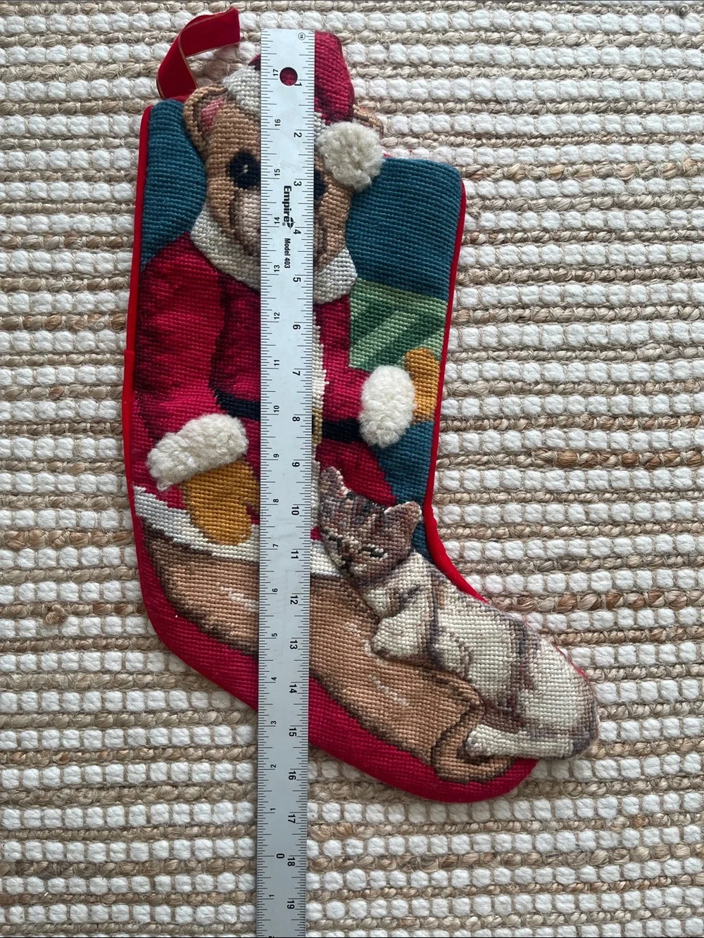Vintage Needlepoint Stocking Santa Bear & Cat
